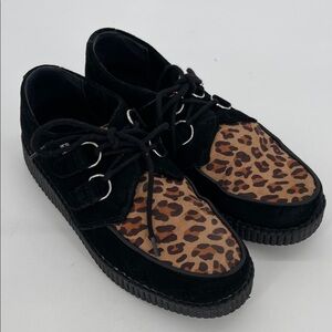 T.U.K Black and Leopard Suede Viva II Low Creepers Unisex Men 9/Women 11